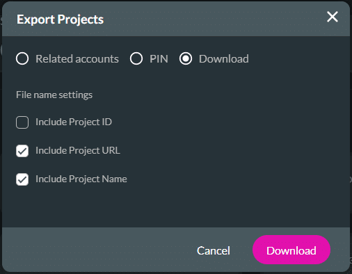 Export Projects screen - Download option