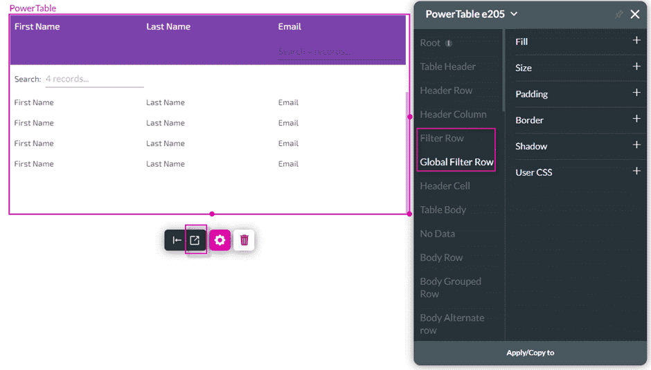 Power Table styling screen