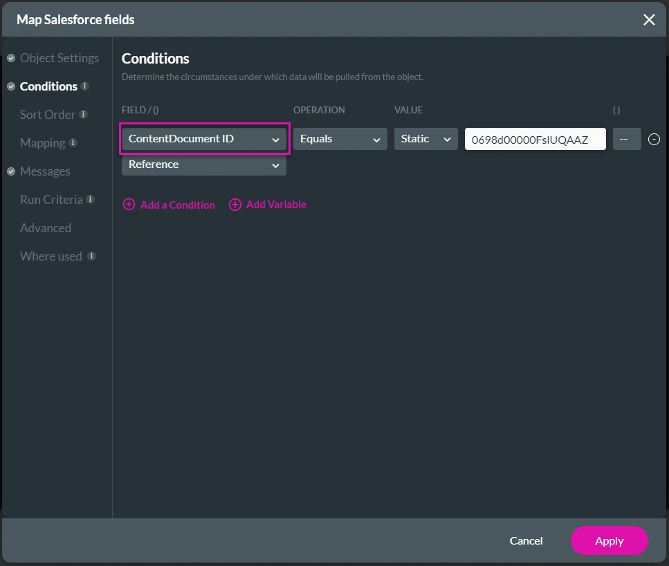 Conditions Salesforce Action