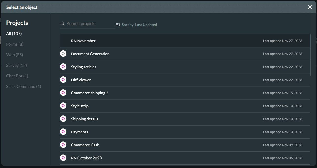 Select an object screen