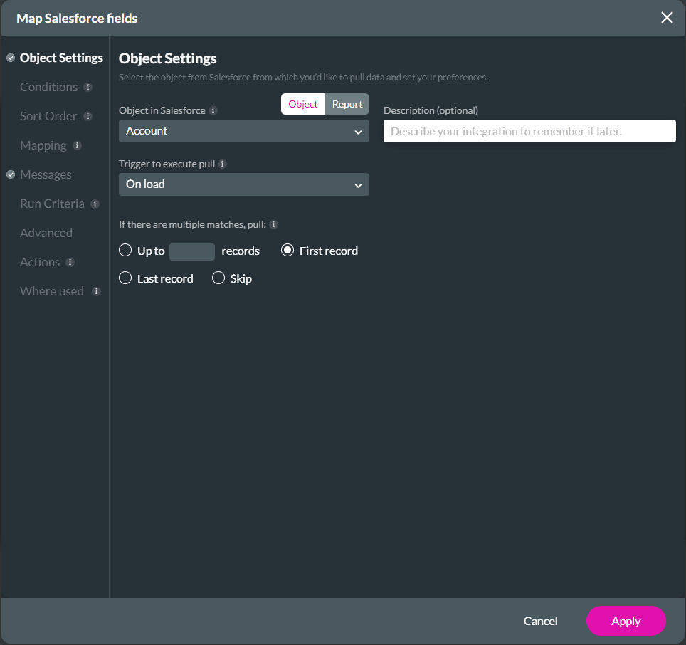 Map Salesforce fields screen