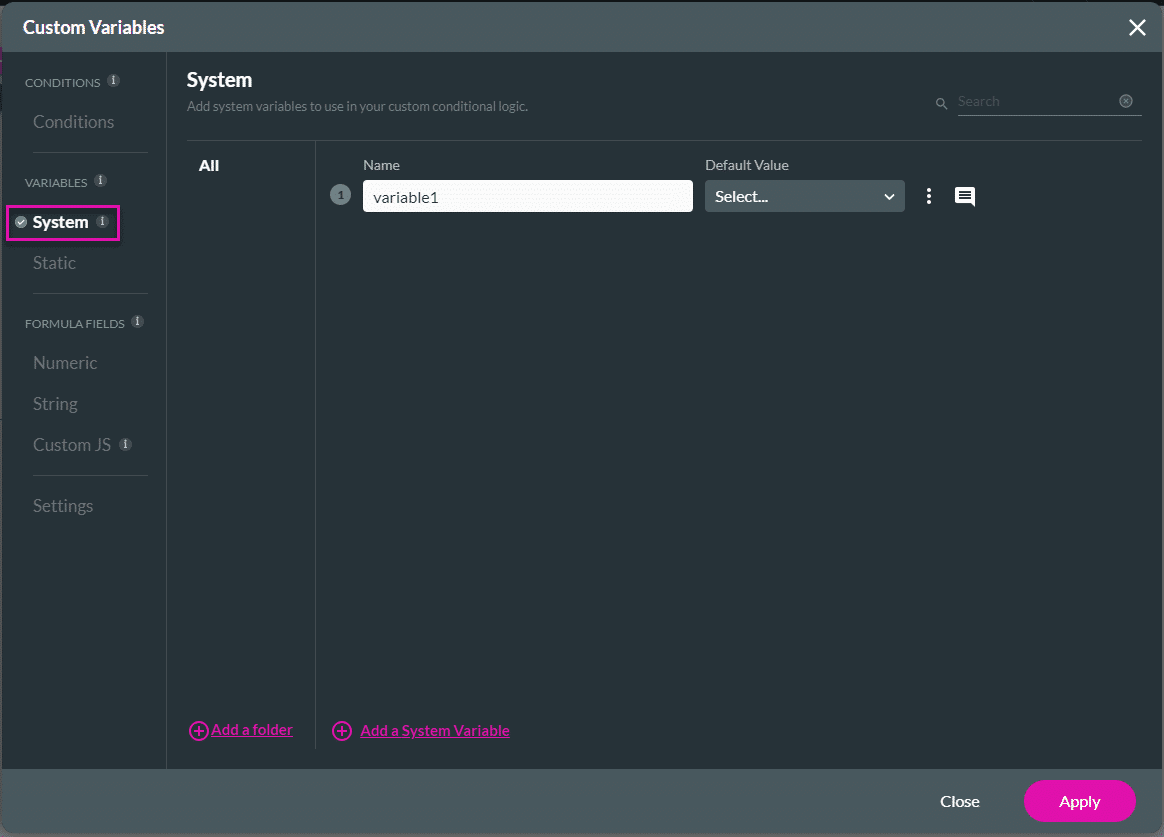 System Variables option