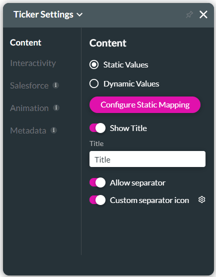 Ticker Settings screen