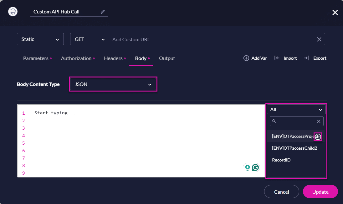 API Hub screen - Body