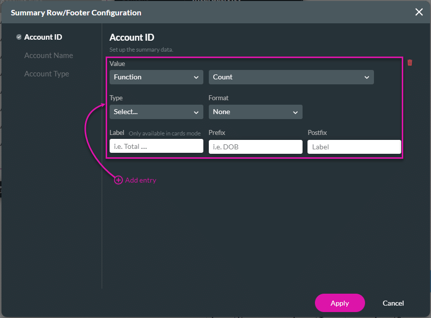Summary Row/Footer Configuration screen