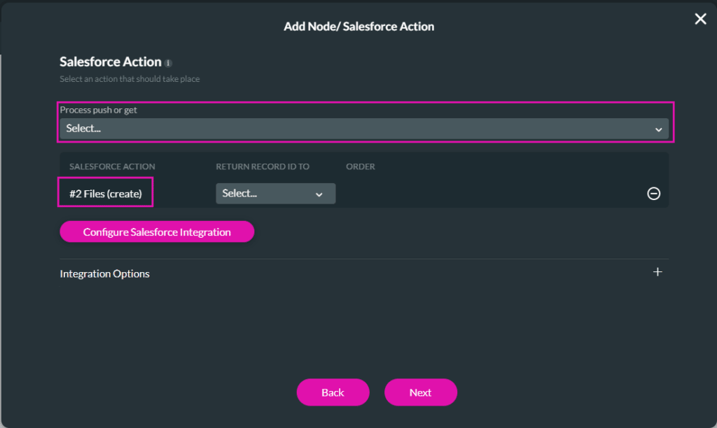Add Node/Salesforce Action screen for Capture Widget.
