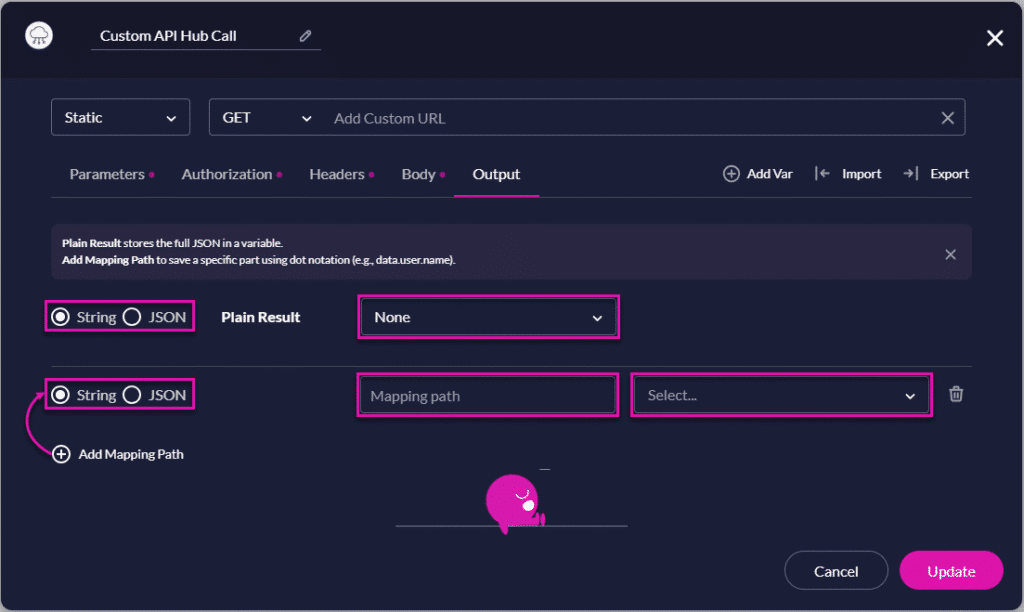 API Hub screen - Output