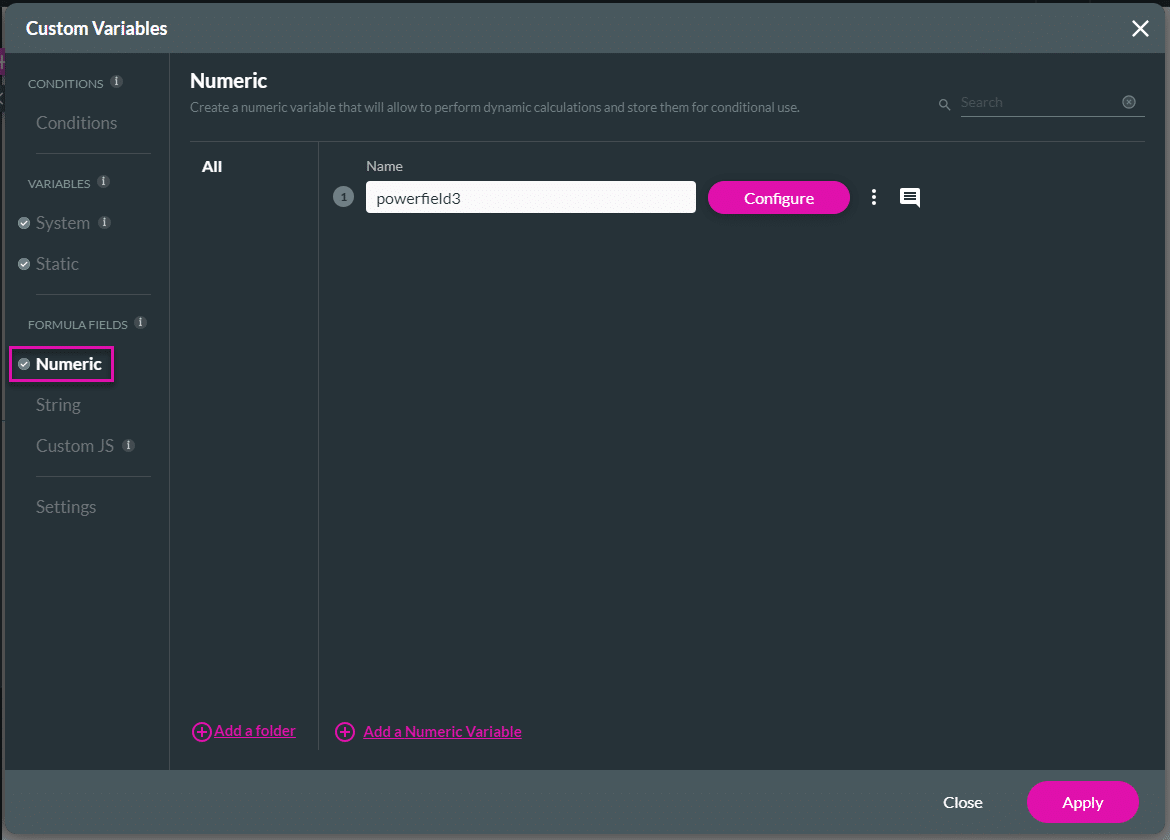 Numeric Variables option