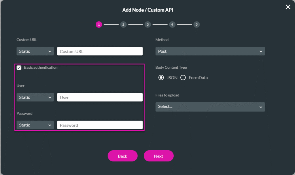 Add Node/Custom API screen - step 1