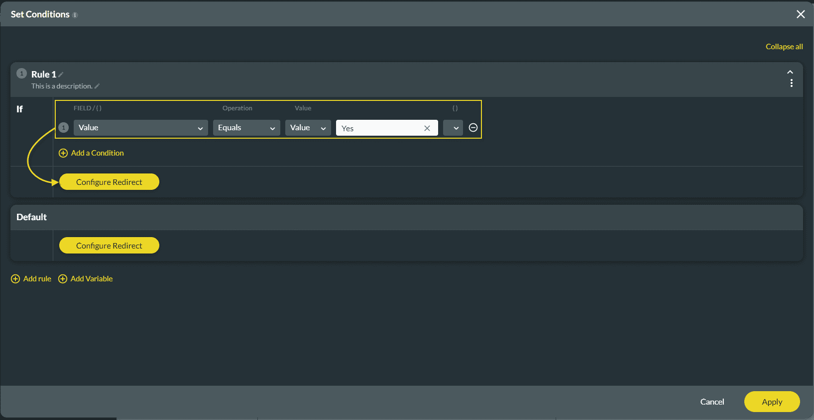 Configure Redirect button