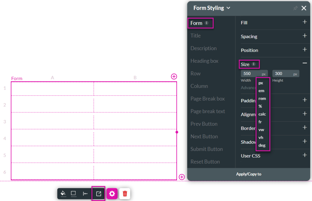 Configure the size with different options