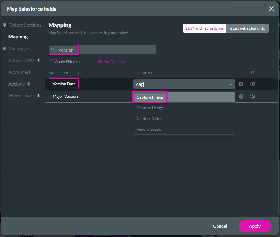 Map Salesforce fields screen for Capture Widget.
