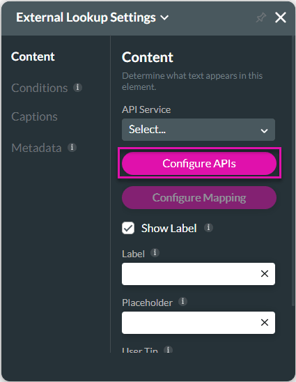 Configure APIs button