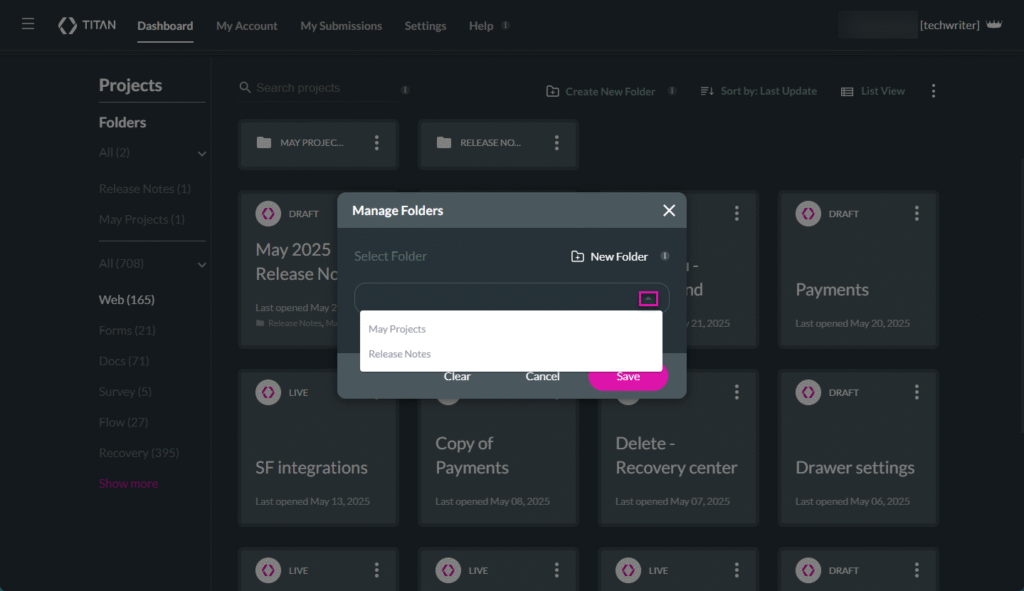 Manage Folders screen