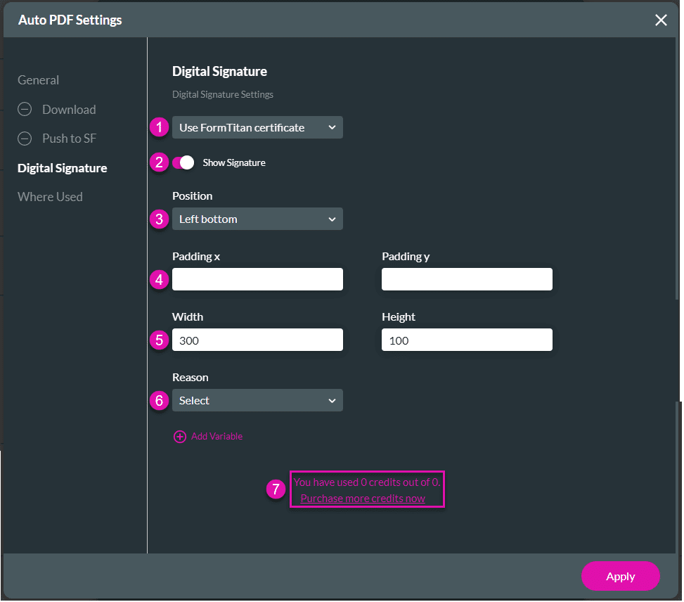 Document Generation screen - Digital Signature