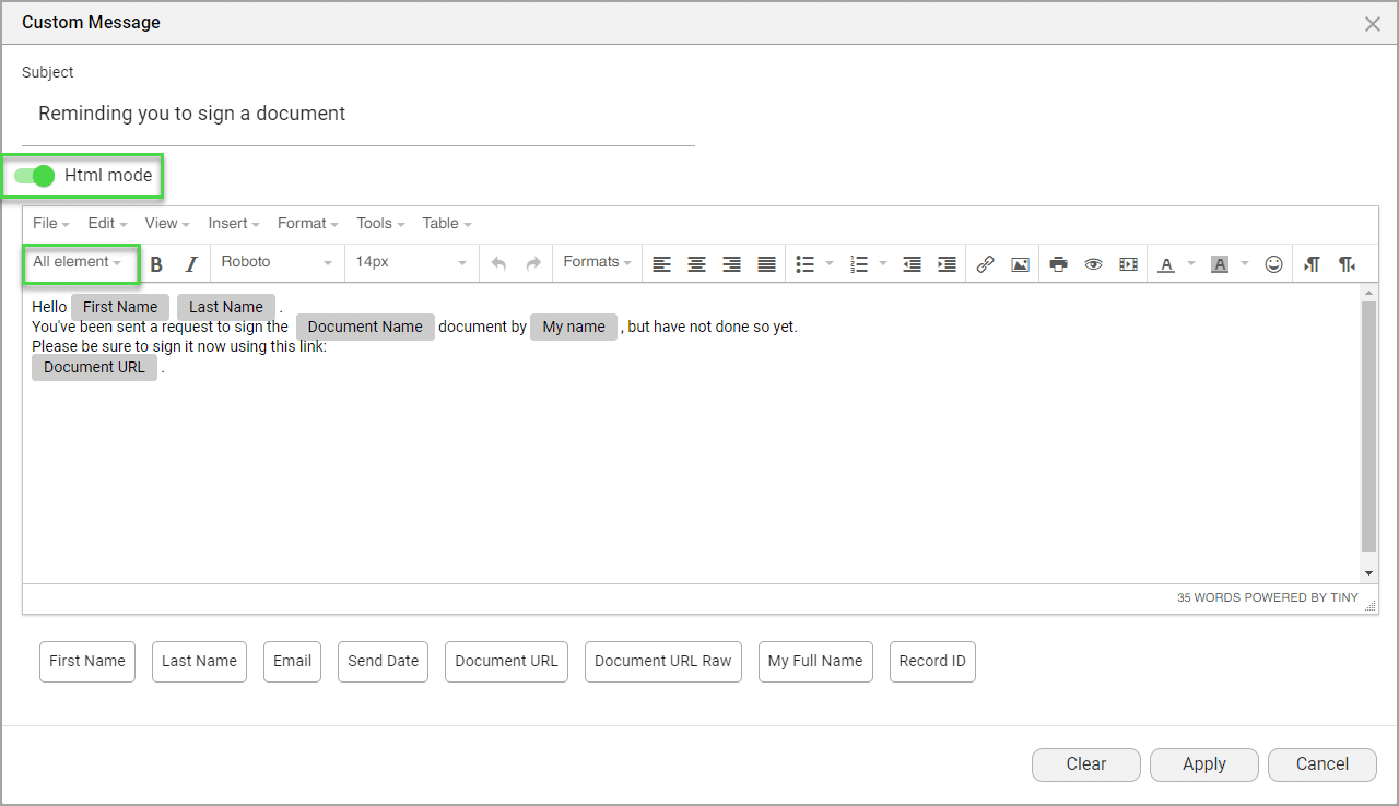 Custom Message screen