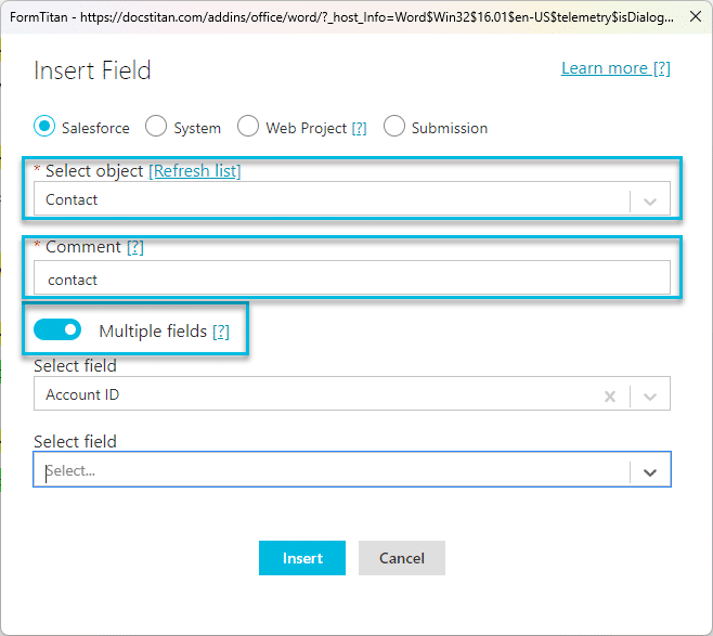 Insert Field screen - Salesforce Doc Gen