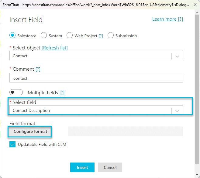 Select field for Salesforce Doc Gen