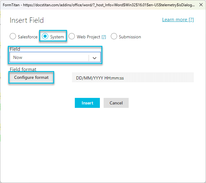 Insert Field screen - System settings for Salesforce Doc Gen