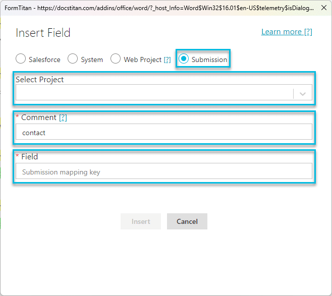 Insert Field screen - Submissions settings for Salesforce Doc Gen