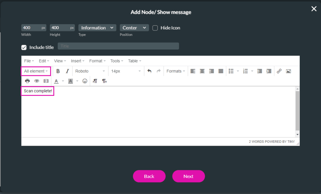 Add Node/Show message screen