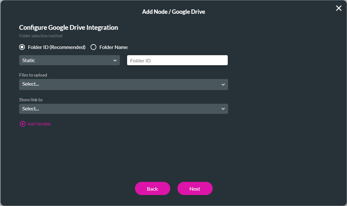 Add Node/Google Drive screen