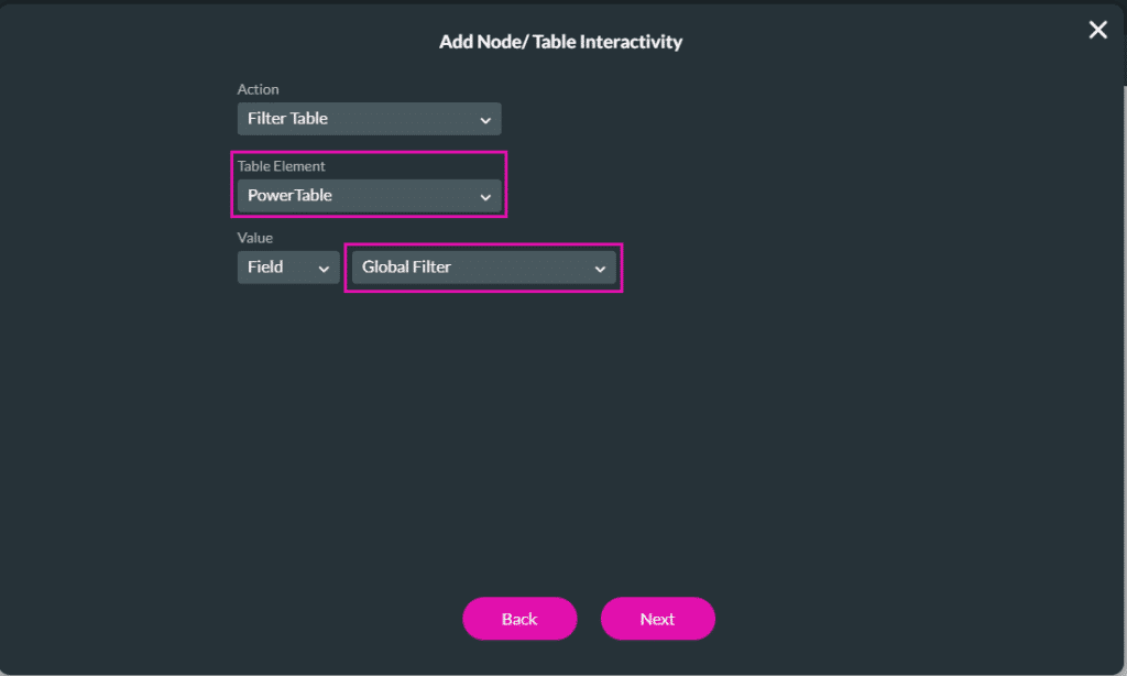 Add Node/Table Interactivity screen
