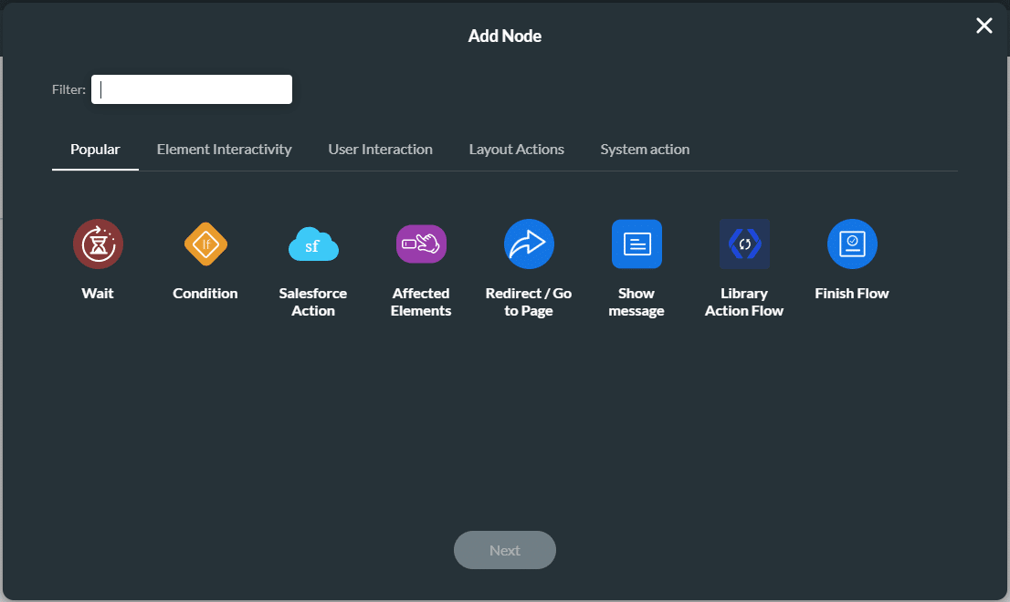 Add Node screen to configure action for conditions.