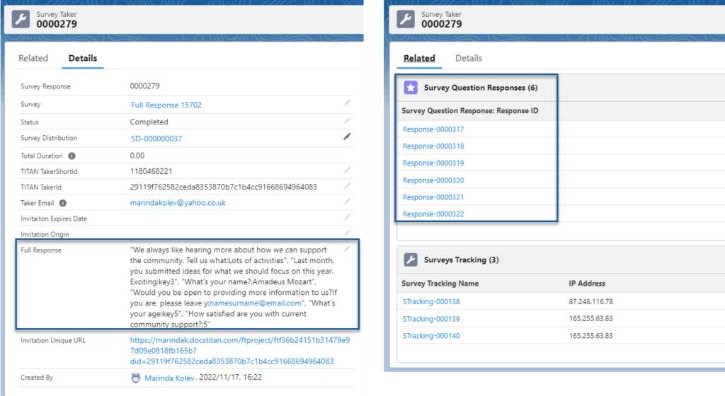 Details tab (Full Response) vs Related tab (Survey Question Responses)