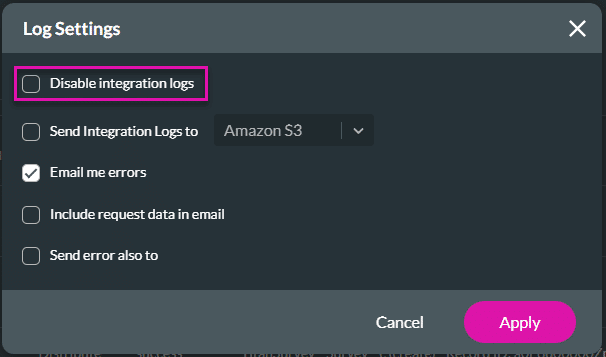 Disable Integration Logs option