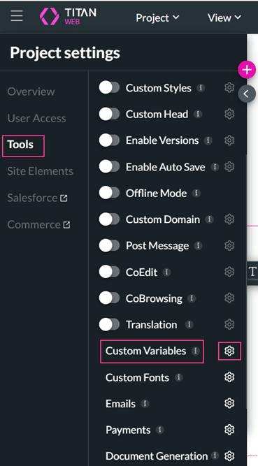 Project Settings screen