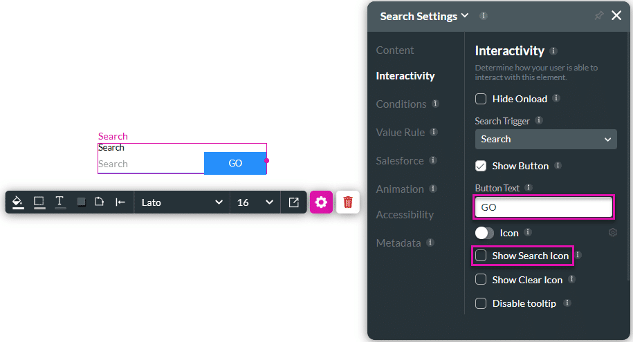 Show Search Icon checkbox disabled