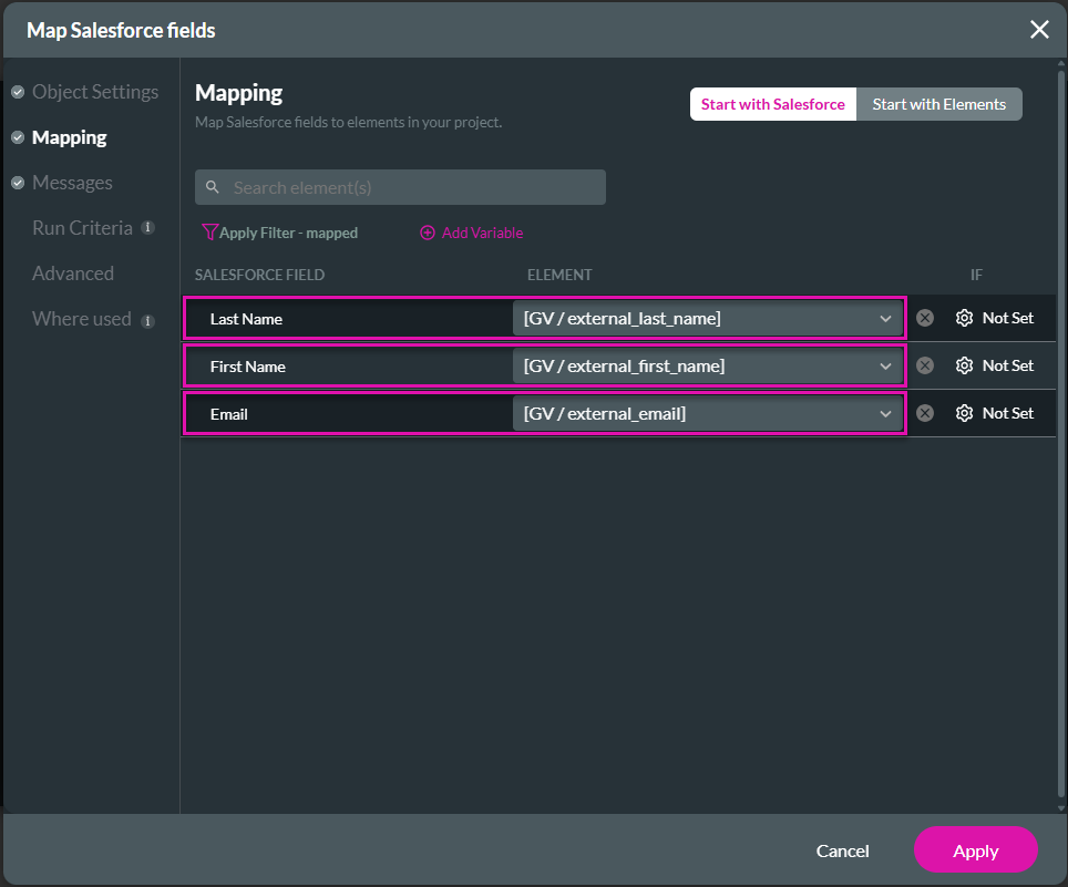 Map Salesforce fields screen