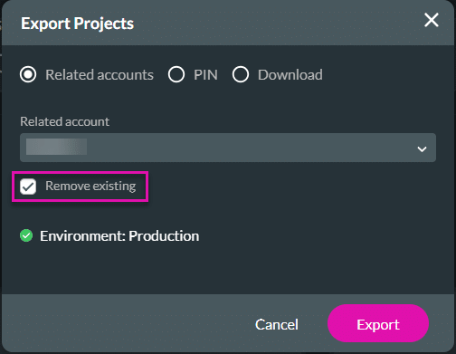 Export Projects screen