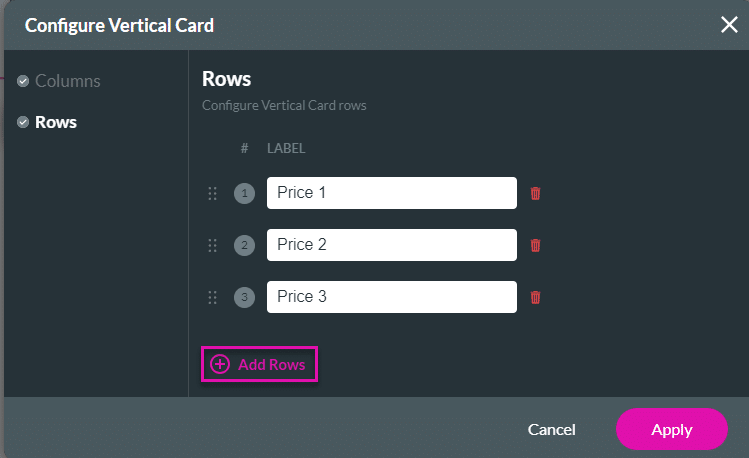 Configure Vertical Card screen
