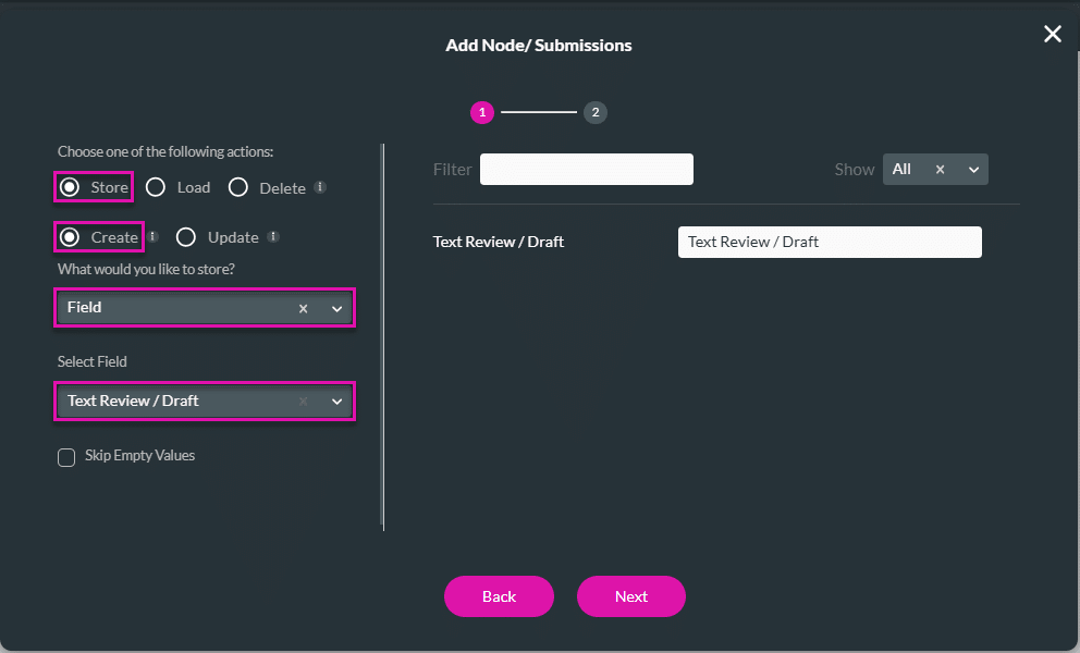 Add Node/Submissions screen