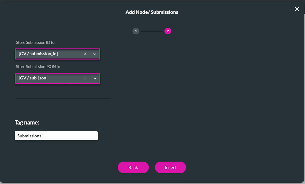 Add Node/Submissions screen