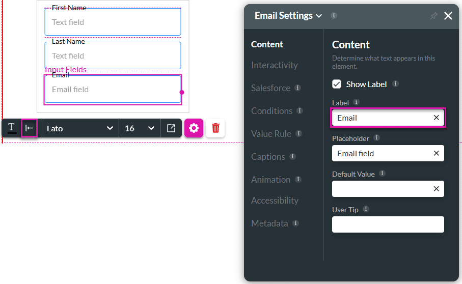 Input elements' labels changed