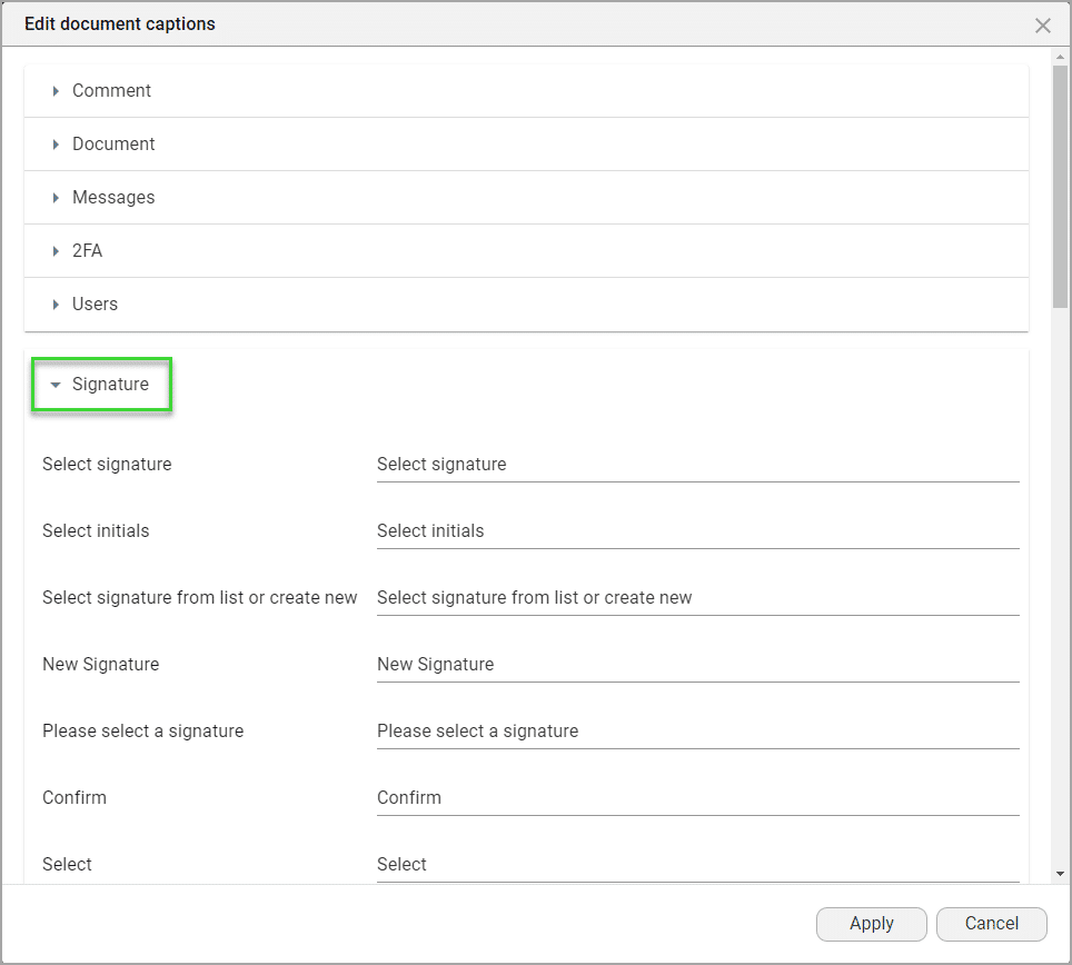Edit document captions screen