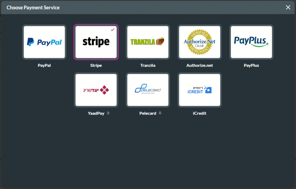 Choose Payment Service screen