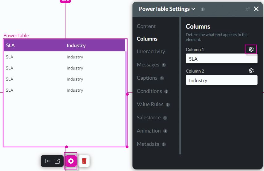 Power table settings screen