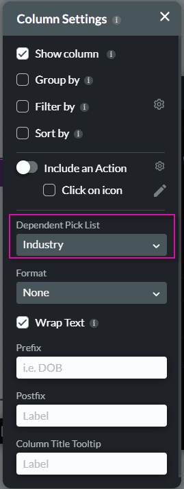 Dependent pick list drop-down list