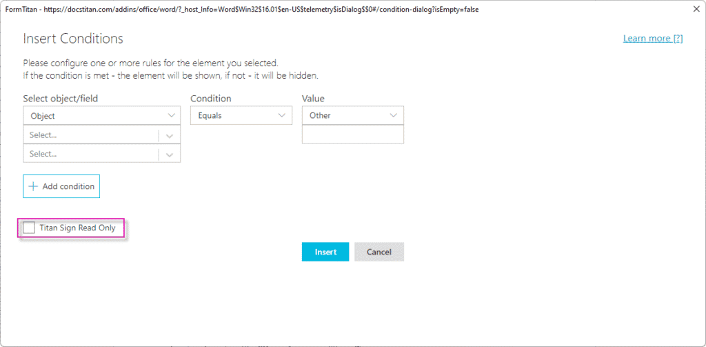Insert Conditions screen