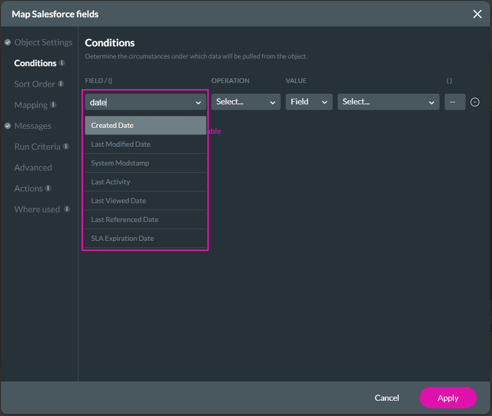 Condition - Field drop-down list