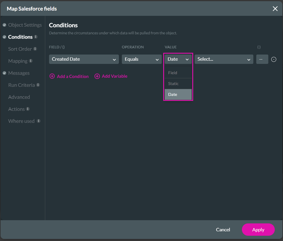 Condition - Value drop-down list