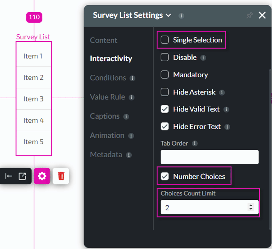 Survey list settings screen