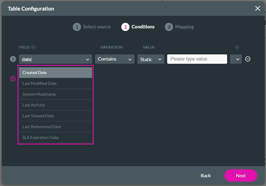 Conditions tab - Field drop-down list