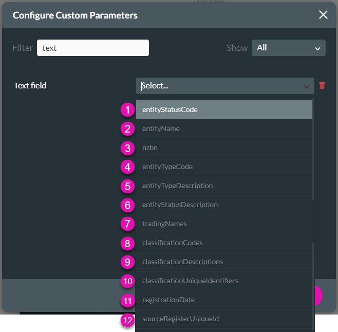 Configure Custom Parameters screen