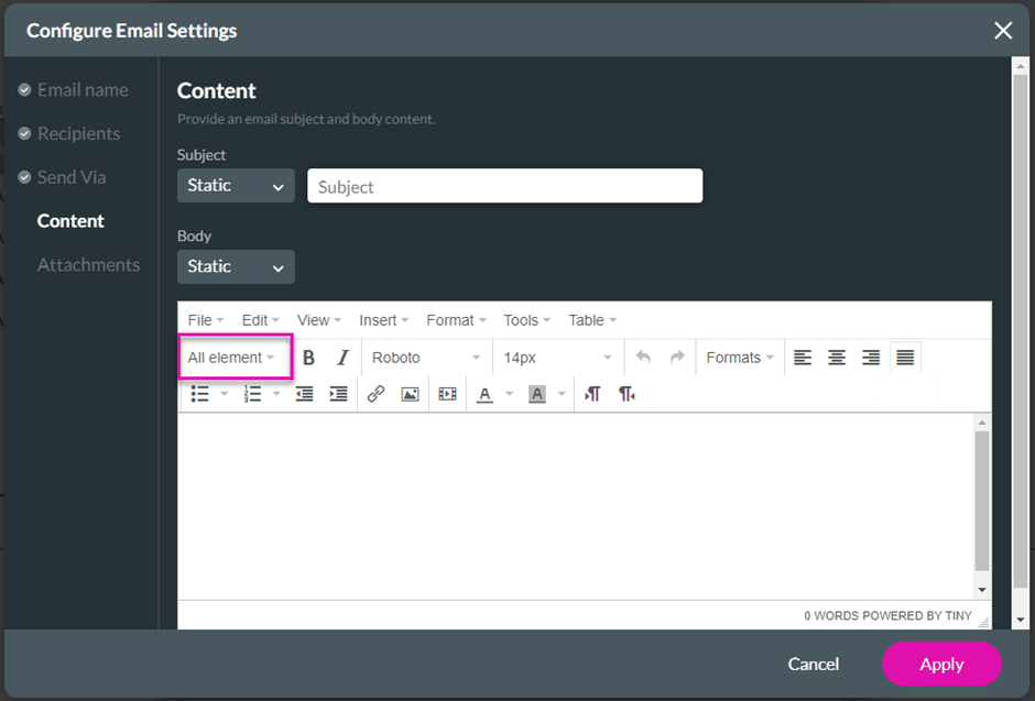 Configure Email Settings screen