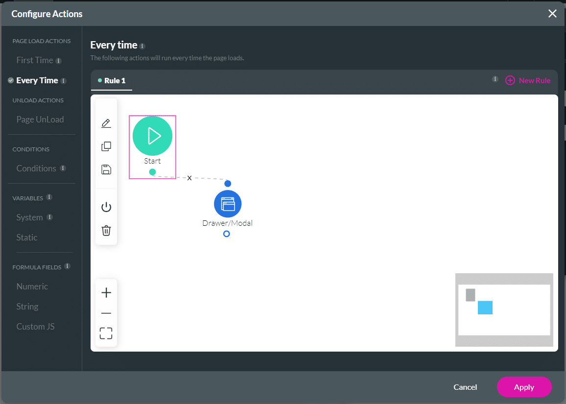 Configure Actions screen